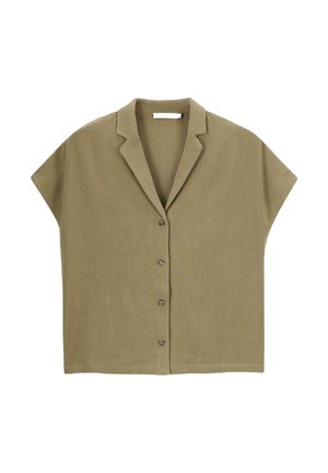 Khaki short-sleeve shirt with a collared design, featuring five buttons down the front and a textured linen fabric.