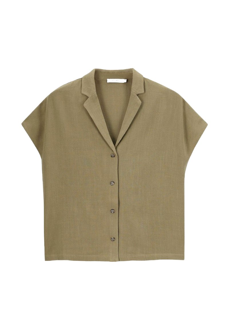 Chemise kaki à manches courtes avec un col, dotée de cinq boutons sur le devant et d'un tissu en lin texturé.