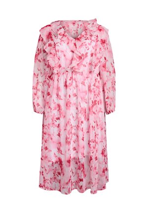 Robe midi à manches longues à fleurs roses avec un décolleté en V à volants et une taille froncée, confectionnée dans un tissu léger et semi-transparent.