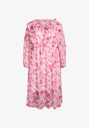 Robe midi à manches longues à fleurs roses avec un décolleté en V à volants et une taille froncée, confectionnée dans un tissu léger et semi-transparent.