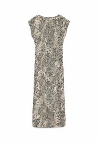 Robe midi beige avec un motif de points irréguliers noirs, manches courtes, col rond et silhouette ajustée.
