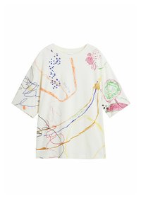 T-shirt di cotone color crema con maniche corte. Presenta disegni astratti e colorati a linee in rosso, blu, verde e giallo. Vestibilità rilassata.
