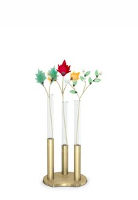 Porta provette con tre tubi di vetro trasparente; presenta foglie di metallo colorate in rosso, verde e giallo, supportate da una base dorata.