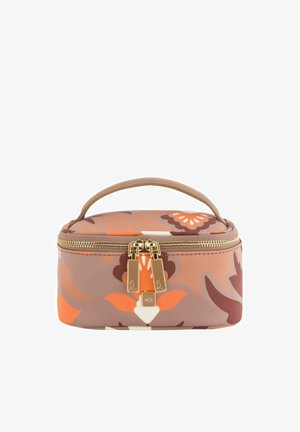 Rechteckige Kosmetiktasche mit braunen, orangefarbenen und cremefarbenen Blumenmustern, goldfarbenem Reißverschluss und einem einzelnen braunen Griff oben.