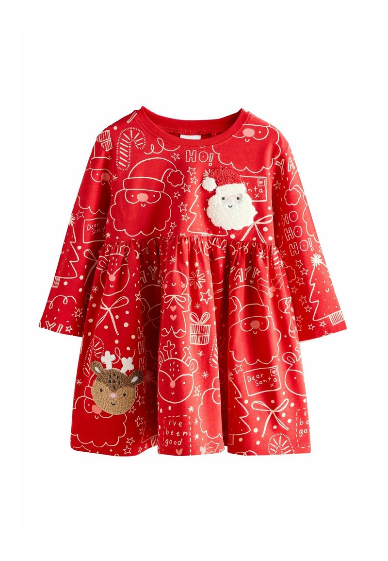Robe d'enfant rouge à manches longues avec motif de Noël représentant le Père Noël, des rennes, des cadeaux et des icônes festives en blanc et beige.