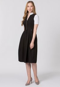 Black midi dress with a fitted bodice, button detailing, and a pleated skirt. The dress features a white collared sleeve design.