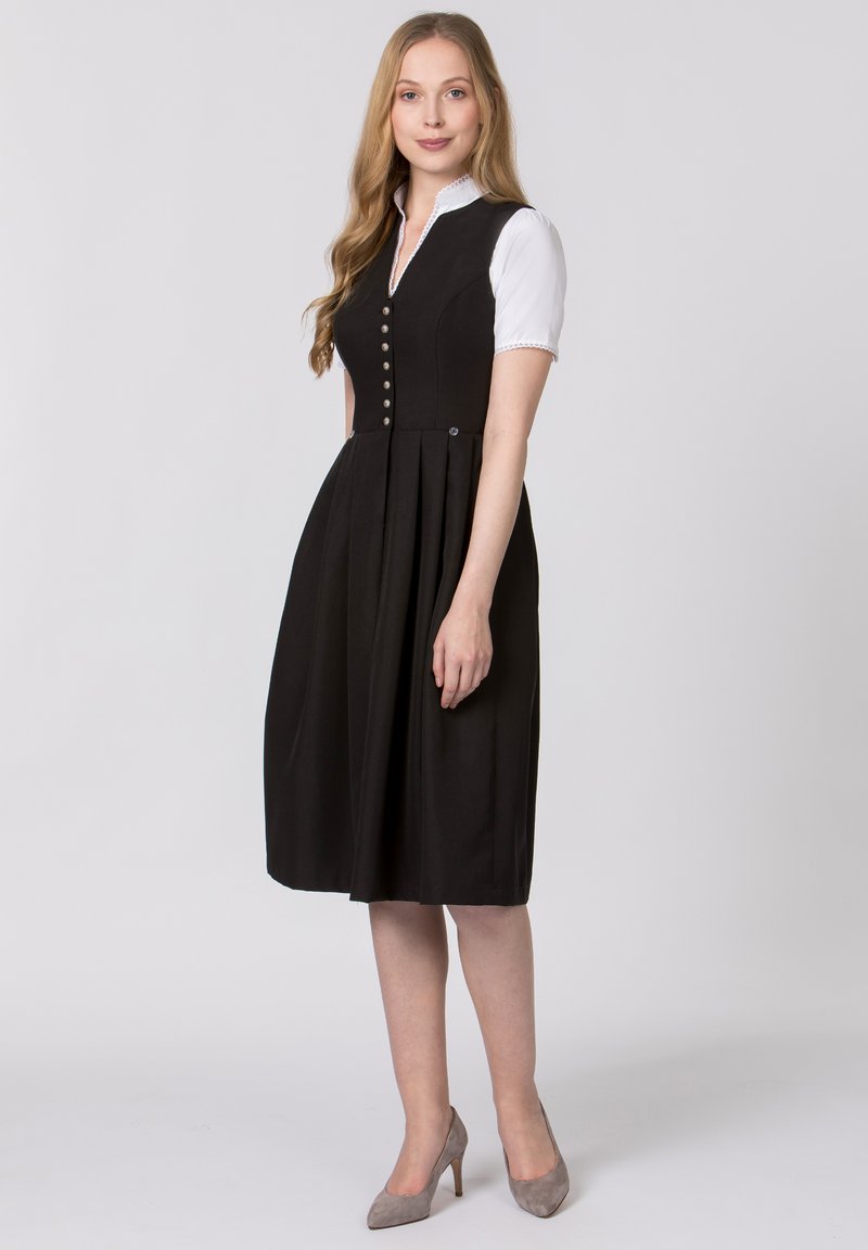 Black midi dress with a fitted bodice, button detailing, and a pleated skirt. The dress features a white collared sleeve design.