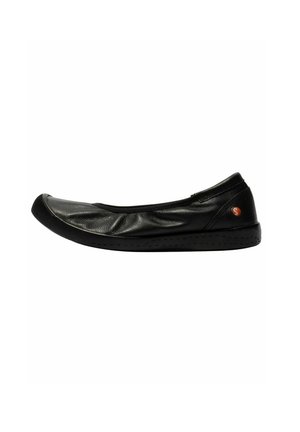 Black ballet flat made of shiny leather, featuring a rounded toe, smooth upper, and a textured rubber sole with an accent logo on the side.