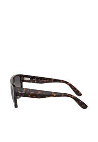 Occhiali da sole tartarugati con una montatura spessa, lenti scure e un design elegante; presenta il marchio Ray-Ban sulle aste.