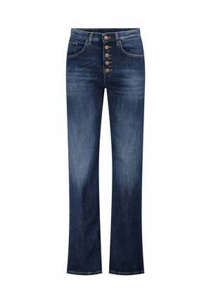 Jeans in denim con un lavaggio scuro, design classico a gamba dritta, chiusura frontale a cinque bottoni e lievi schiariture sulle cosce.