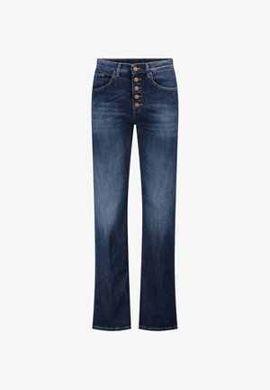 Jeans in denim con un lavaggio scuro, design classico a gamba dritta, chiusura frontale a cinque bottoni e lievi schiariture sulle cosce.