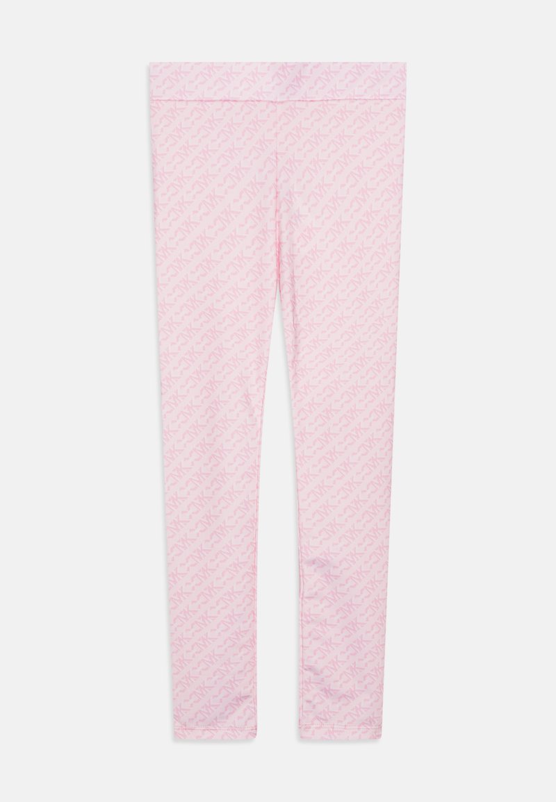 Pink leggings with a subtle repeating pattern, made from a smooth, stretchy material. Features a wide waistband for comfort.