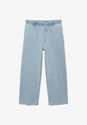 Svetlomodré široké džínsy s elastickým pásom a bočnými vreckami, navrhnuté na bežné nosenie.