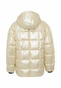 Gewatteerde parka in glanzend lichtbeige met een capuchon, voorzien van een doorgestikt design en elastische manchetten. Soepele, reflecterende textuur.