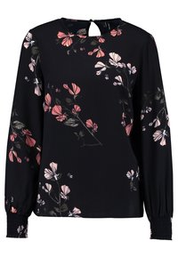 Blusa nera a maniche lunghe con stampa floreale in rosa e bianco, dotata di una apertura a chiave sul retro e polsini arricciati per un tocco di texture e dettaglio.