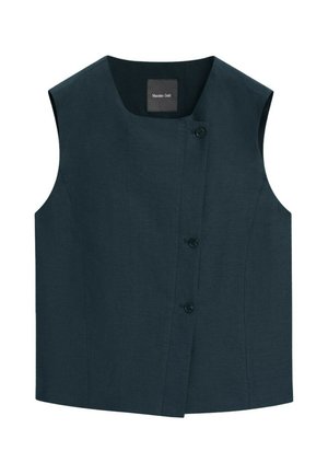 Gilet blu scuro senza maniche con chiusura asimmetrica con bottoni e scollatura rotonda.