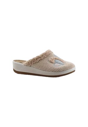Pantofole in maglia beige con una parte superiore morbida e testurizzata, bordo peloso e design con zampe ricamato. Suola bianca con fondo rigato marrone.