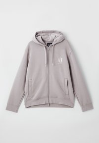 Felpa grigia con zip frontale, logo sul davanti, cappuccio con coulisse, tasche laterali e polsini a costine. Tessuto morbido e vestibilità comoda.