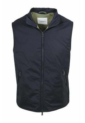 Marineblauwe mouwloze bodywarmer met ritssluiting aan de voorkant, twee met rits afsluitbare zijzakken en een olijfgroene voering, merk McGregor.