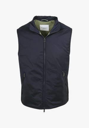 Marineblauwe mouwloze bodywarmer met ritssluiting aan de voorkant, twee met rits afsluitbare zijzakken en een olijfgroene voering, merk McGregor.