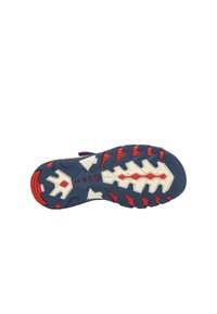 Schoenzool met blauwe rubber en rode accenten, met een gestructureerd grippatroon en een witte tussenzool. Ontworpen voor grip en duurzaamheid.