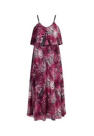 Rochie maxi cu imprimeu animalier roz, negru și alb, cu un top cu volane în straturi, bretele ajustabile și o siluetă fluidă.