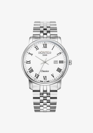 Stålur med en rund hvid urskive, sorte romerske tal, sølvfarvede visere og datovisning, med et metalledsarmbånd.