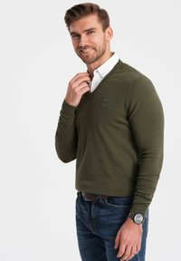 Olijfgroene V-hals trui met lange mouwen, gedragen over een wit shirt. Heeft ribgebreide manchetten en een subtiele logo op de borst. Slim fit ontwerp.