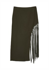 Gonna verde scuro con una spacco laterale e dettagli in frange intricate su un lato, realizzata in un tessuto liscio con una vestibilità strutturata.