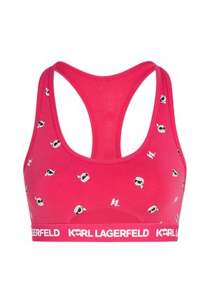 Roze sportbeha met een racerback ontwerp, voorzien van kleine logo-afdrukken en een witte band met het merk "KARL LAGERFELD." Soepele stoftextuur.