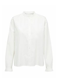 Bela, dolga bluza z dolgimi rokavi, izdelana iz bombaža. Opremljena z visokim, okroglim ovratnikom in nežnimi nabranimi manšetami. Zapiranje spredaj z gumbi. Minimalističen dizajn.