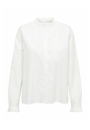 Witte blouse met lange mouwen van katoen. Heeft een hoge, ronde kraag en delicate geplooide manchetten. Voorkant met knoopsluiting. Minimalistisch ontwerp.