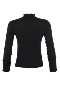 Schwarzes, geripptes langärmliges Turtleneck-Oberteil mit figurnaher Passform. Verfügt über einen Stehkragen und geraffte Details an den Ärmelbündchen.