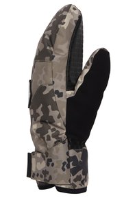 Tarnmuster-Handschuhe in Grau und Schwarz. Weicher Stoff mit strukturierter Griffigkeit, verstärktem Bund und verstellbarem Riemen für einen sicheren Sitz.