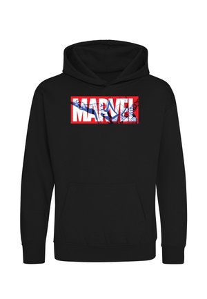 Sort hættetrøje med rød og hvid Marvel-logo med en blå Spider-Man edderkoppespind og figur grafik henover brystet.