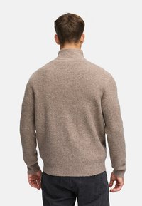 Beige striktrøje med høj krave, ribbet tekstur og tætsiddende manchetter, set bagfra mod en ensfarvet hvid baggrund.