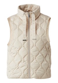 Béžová prošívaná vesta s vysokým límcem, zapínáním na přední zip a popruhy s vyraženým logem. Hladká látka s motivem diamantového vzoru.