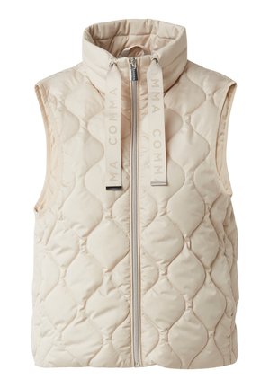 Beżowa pikowana kamizelka z wysokim kołnierzem, zamkiem błyskawicznym z przodu oraz paskami z wytłoczonym logo. Gładka tkanina zdobiona wzorem diamentowym.