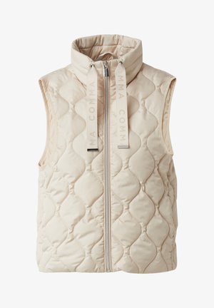 Beżowa pikowana kamizelka z wysokim kołnierzem, zamkiem błyskawicznym z przodu oraz paskami z wytłoczonym logo. Gładka tkanina zdobiona wzorem diamentowym.