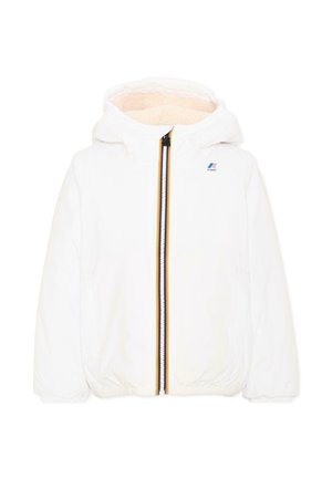 Witte capuchonjas met zachte binnenvoering en een gestreepte rits met blauwe, gele en rode strepen, en een klein logo op de borst.
