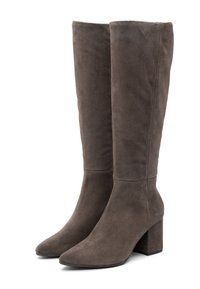 Stivali alti in suede marrone, con punta affilata e tacco a blocco, caratterizzati da una trama liscia e dettagli di cucitura minimi.