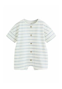 Biele detské body s krátkymi rukávmi, modré vodorovné pruhy, predné gombíky, dve predné vrecká a zapínanie na cvoky na spodnej časti.