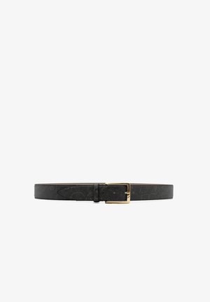 Cintura in pelle nera con motivo in rilievo, dotata di una fibbia rettangolare color oro e di una texture liscia per un aspetto elegante.