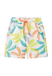 Shorts de bain colorés avec une base blanche ornée de grands motifs de feuilles de palmier stylisées en teal, orange, violet et vert. Taille élastique avec cordon de serrage.