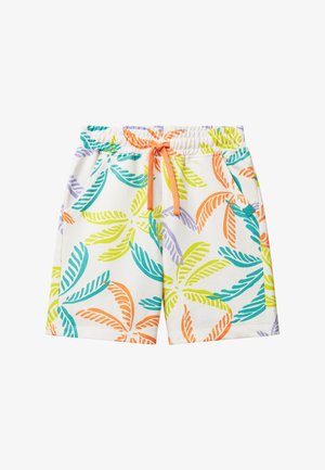 Bañadores coloridos con una base blanca y grandes patrones de hojas de palmera estilizadas en tonos teal, naranja, púrpura y verde. Cintura elástica con cordón ajustable.