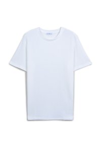 T-shirt bianco a maniche corte realizzato in tessuto testurizzato, con scollo rotondo e orlo dritto, caratterizzato da un delicato motivo a griglia.
