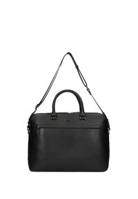 Black leather messenger bag with pebbled texture, dual handles, detachable shoulder strap, and front zip pocket. Rectangular shape.