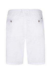 Vita linneshorts med elastisk midja, två bakfickor med knappstängning och en mjuk textur.
