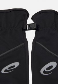 Black neoprene gloves with a cinched top and adjustable buckle closure. Features a reflective logo and textured accent stitching.