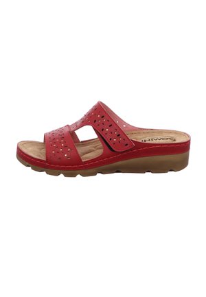 Rote Leder-Sandale zum Hineinschlüpfen mit ausgeschnittenen Designs, gepolsterter Innensohle und einer strukturierten Gummisohle für besseren Halt. Verfügt über ein offenes Zehendesign und ist zum Hineinschlüpfen geeignet.